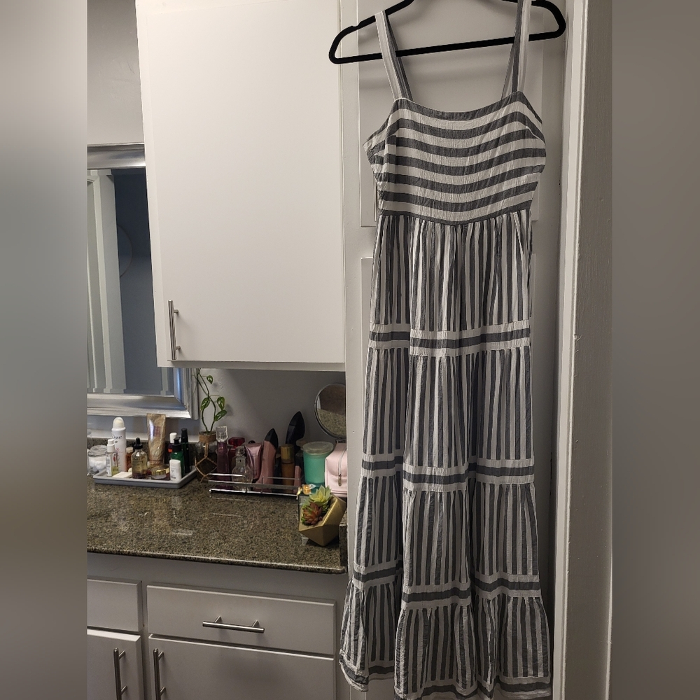 Gray and white striped maxi dress